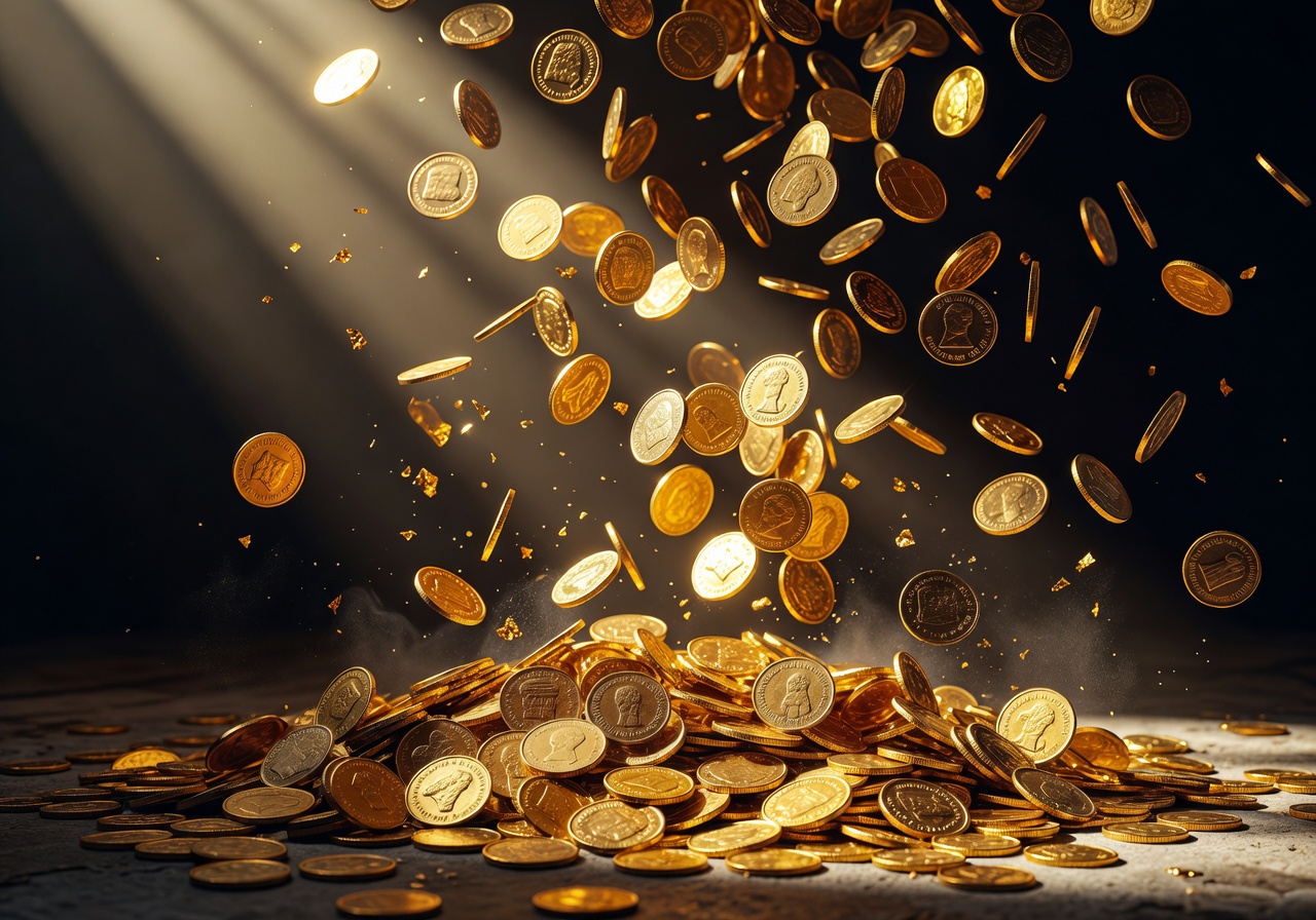 gold coins falling dramatic lighting