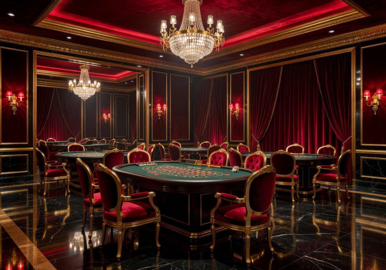 luxury casino interior red gold lighting elegant gaming environment